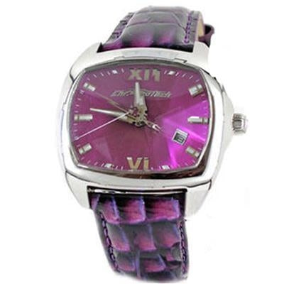 Purple dial and strap women's analog watch in stainless steel case with silver hands and Roman numerals