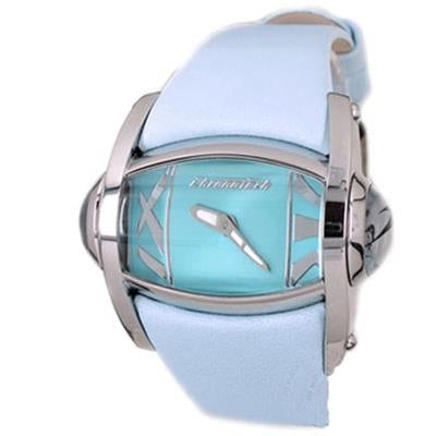 Light-blue dial rectangular watch, polished silver case, matching light-blue leather strap