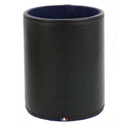 Black cylindrical leather pen holder with stitched edges, tricolor tab and embossed logo on a desk