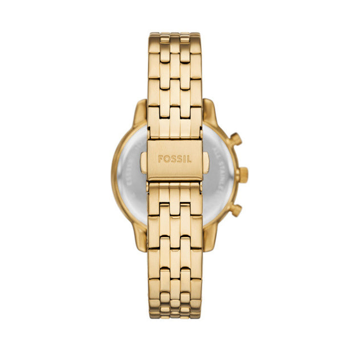 Gold-tone chronograph wristwatch with mother-of-pearl dial and crystal-studded bezel on bracelet