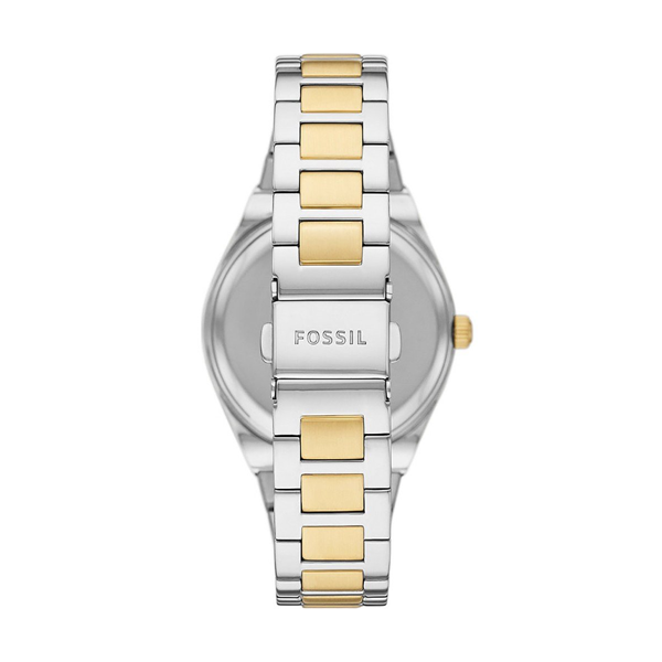 Two-tone silver and gold analog dress watch with white dial and fluted bezel