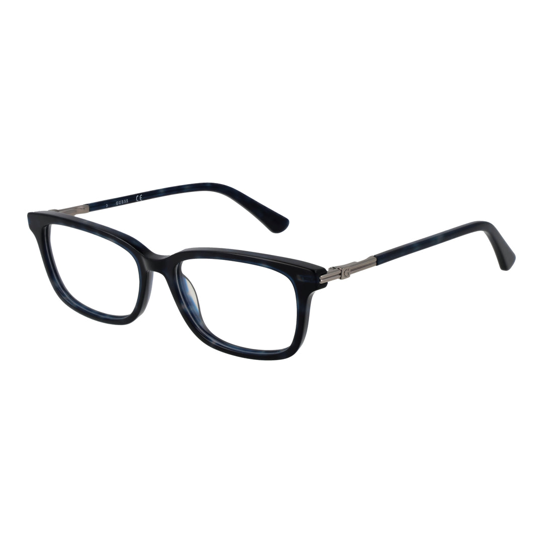 Unisex black rectangular eyeglasses with subtle blue tones, metal hinges and curved temple tips on studio background.