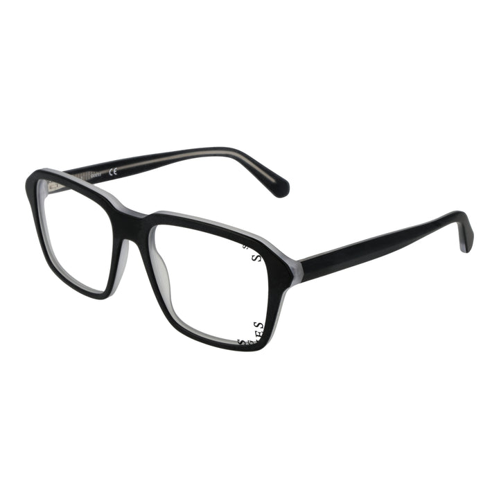 Black full-rim rectangular eyeglasses in plastic, modern Unisex frame shown three-quarter view on neutral background