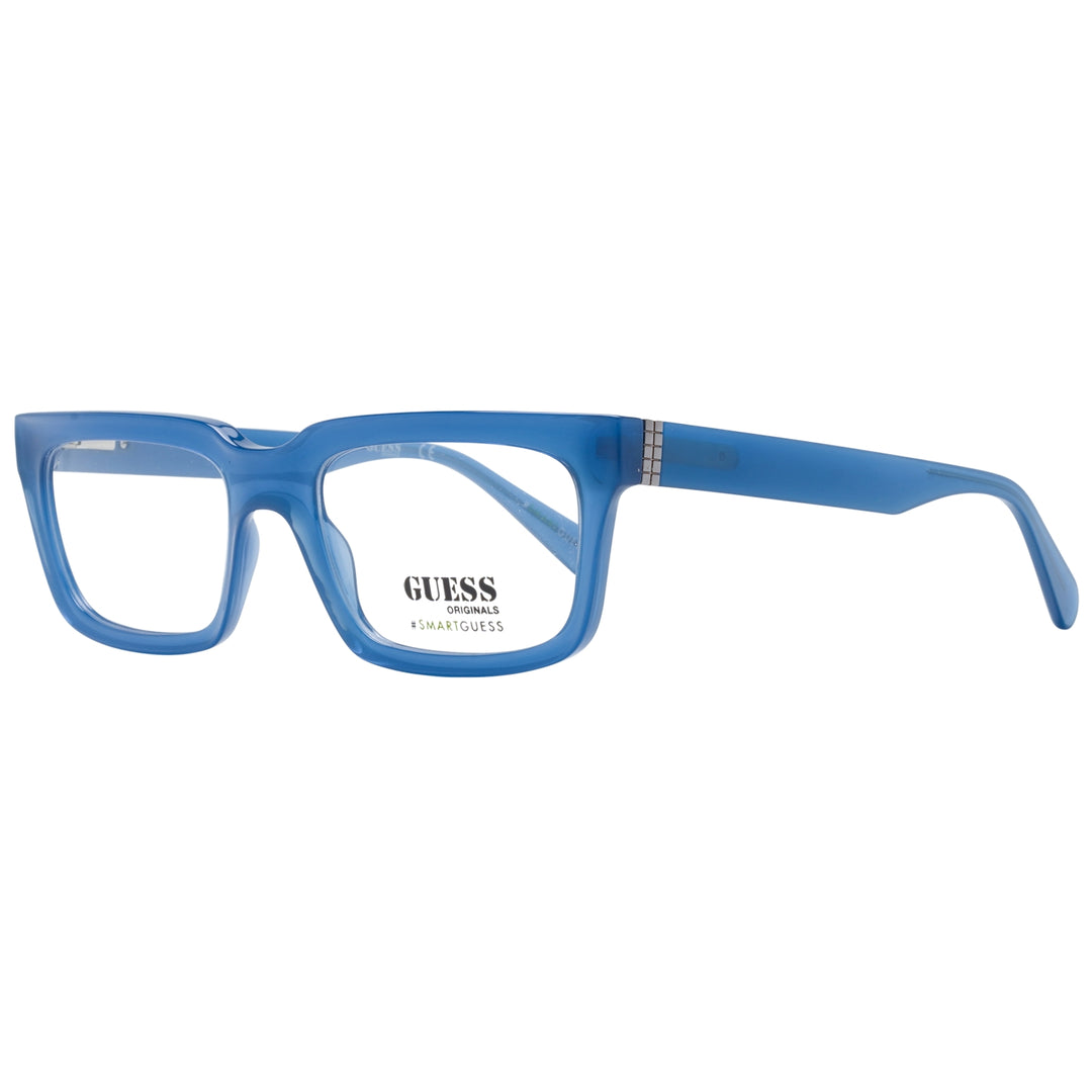 Unisex blue rectangular full-rim eyeglasses in thick plastic with metallic hinge detail, modern profile
