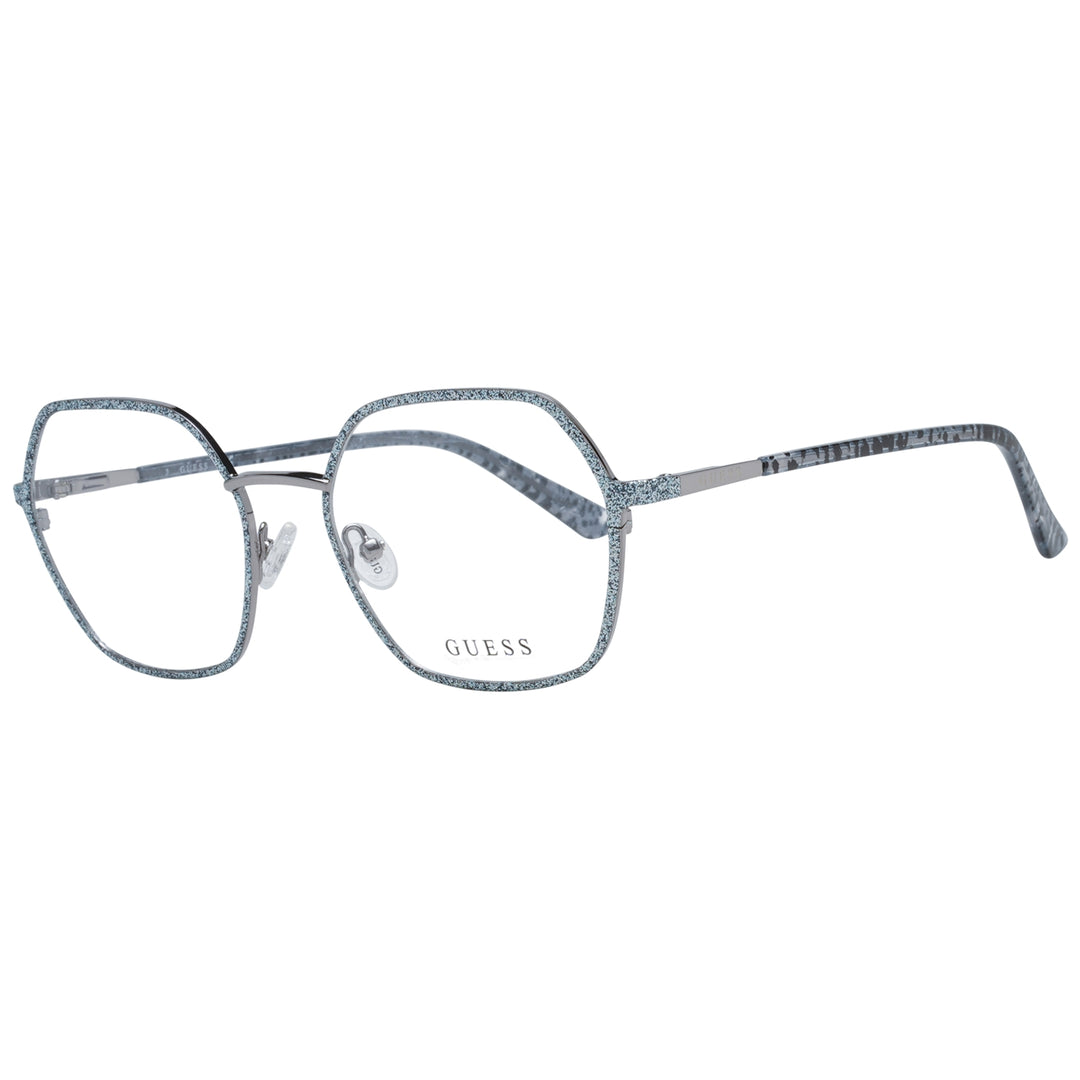 Blue metal hexagonal eyeglasses with silver glitter finish and patterned temple tips on white background