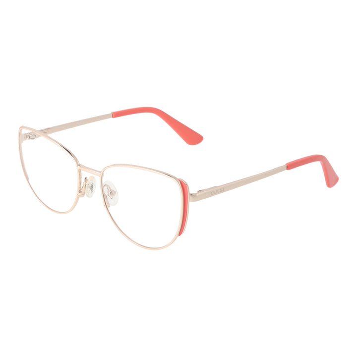 Gold metal cat-eye eyeglasses with coral temple tips, thin temples and adjustable nose pads on white background