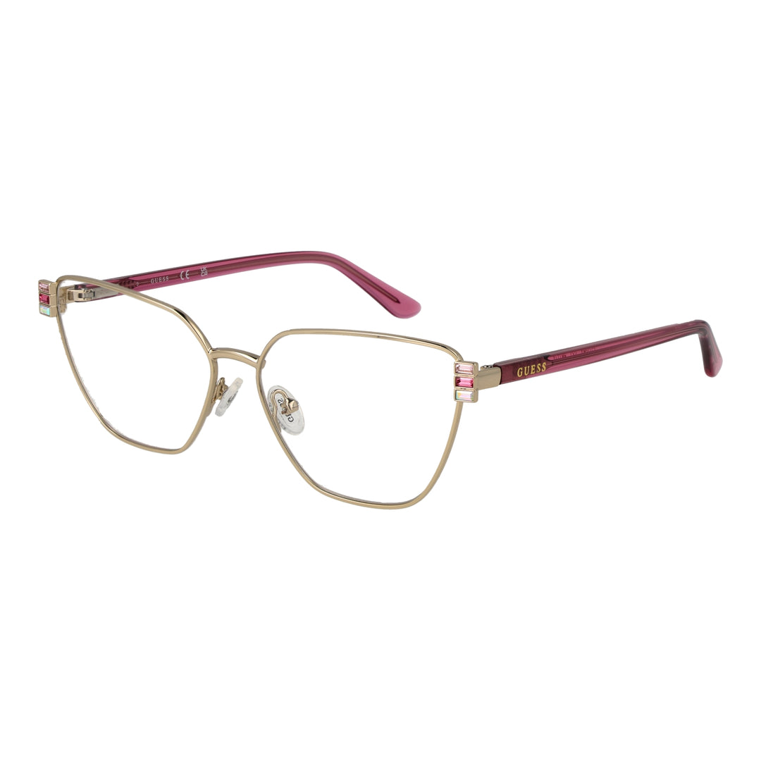 Gold rectangular eyeglasses with pink accents and decorative stones on the corners, metal frame and plastic arms