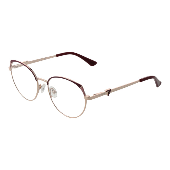 Gold thin metal round eyeglasses with burgundy temple tips and decorative hinge detail, front view