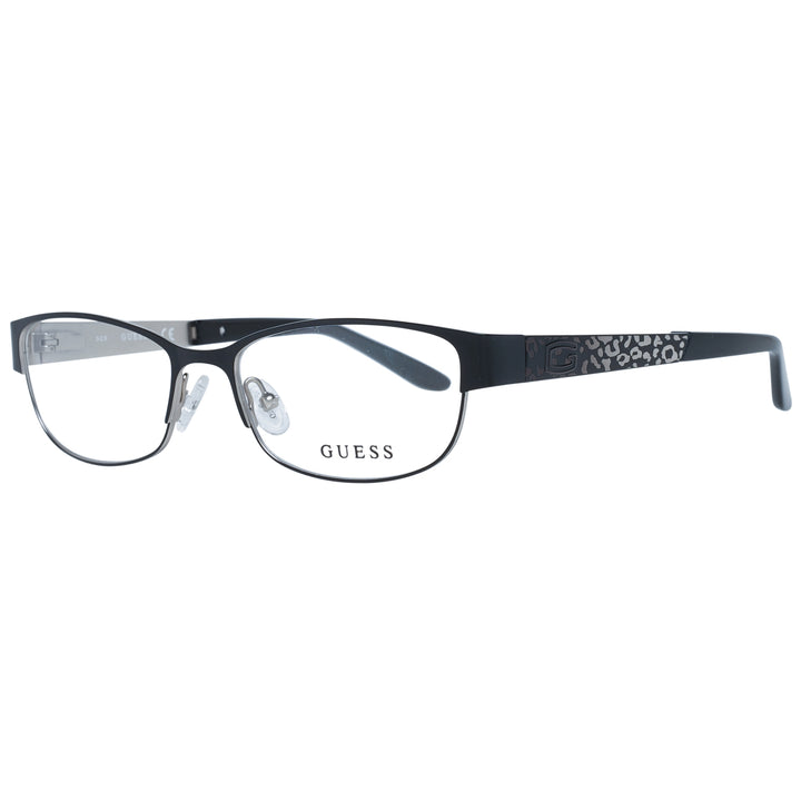 Black metal semi-rimless eyeglasses with rectangular lenses and leopard-print temples on neutral background
