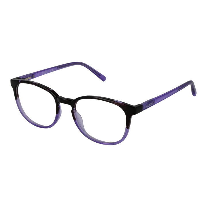Guess eyeglasses for Women in black and purple full-rim plastic with rectangular lenses on neutral background