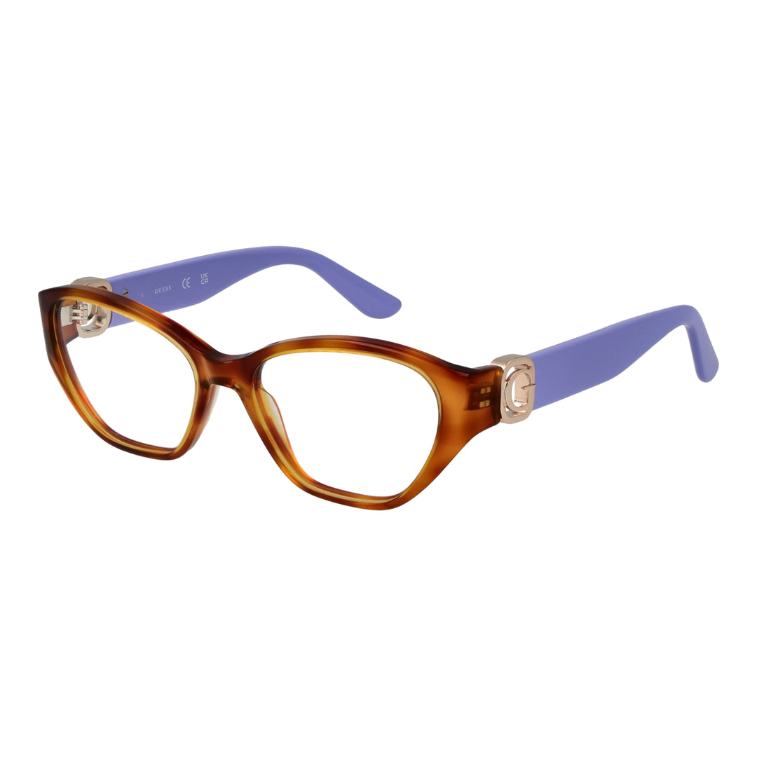 Brown and purple plastic cat-eye eyeglasses with gold 'G' logo on temples for Women
