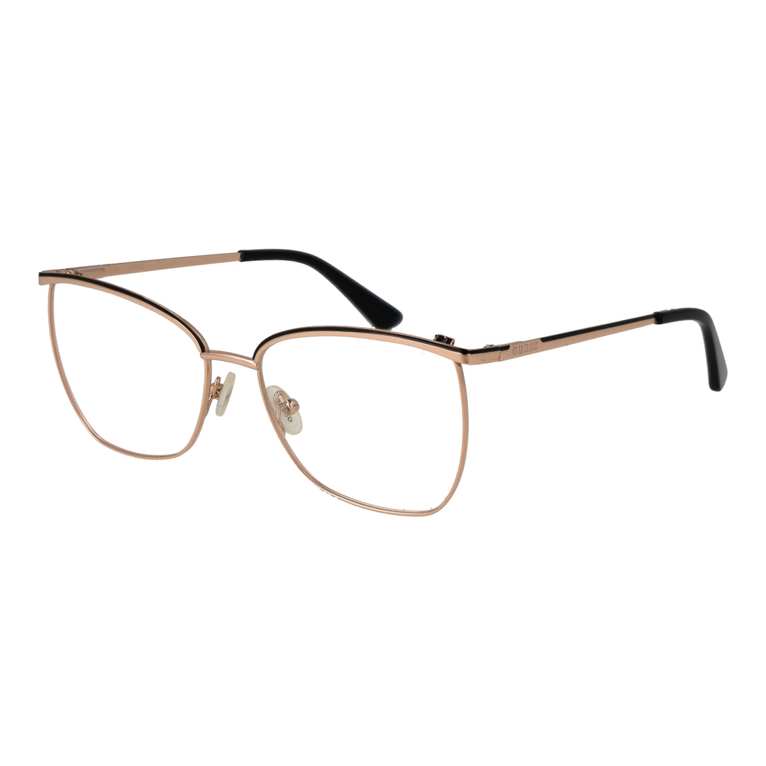 Rose gold metal cat-eye eyeglasses with black accents, thin temples, and clear lenses on white background