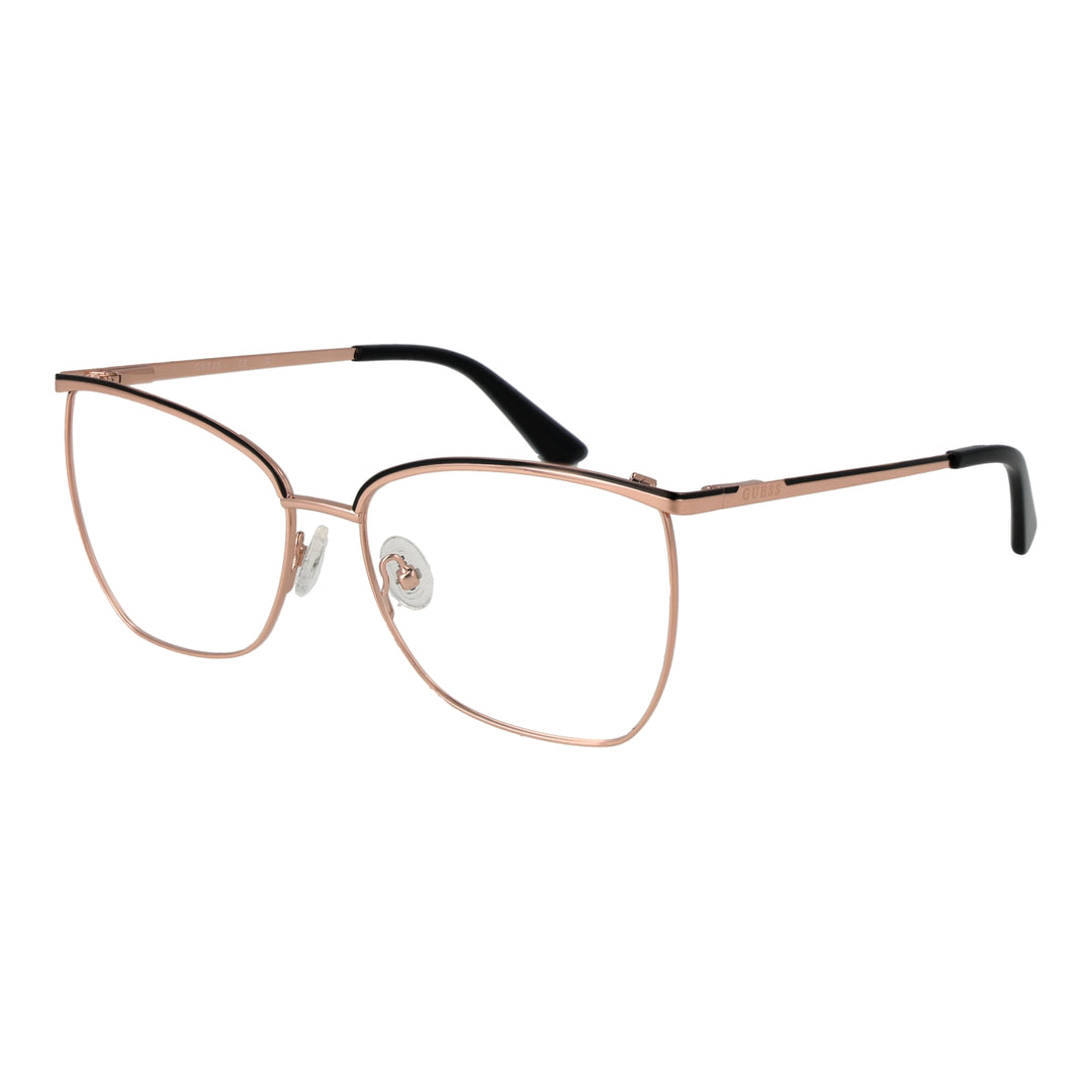 Rose gold metal rectangular eyeglasses with thin black temples and adjustable nose pads on white background