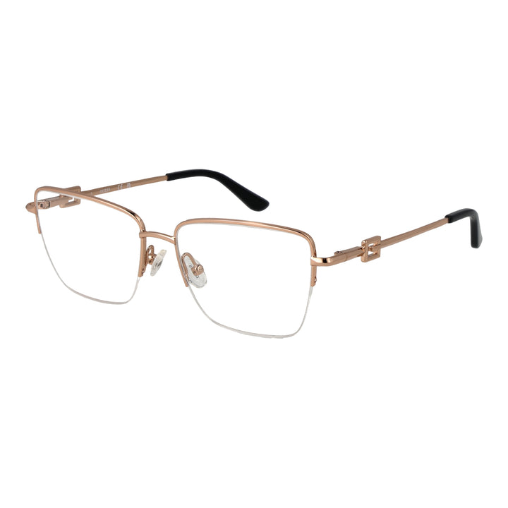 Rose gold and black metal rectangular eyeglasses with decorative hinge and adjustable nose pads on white background