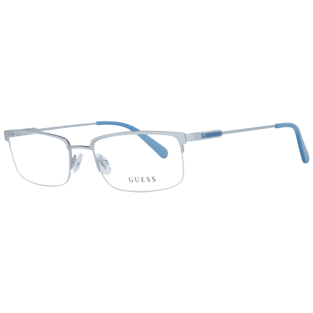 Unisex silver metal rectangular eyeglasses with thin frame and blue temple tips on white background