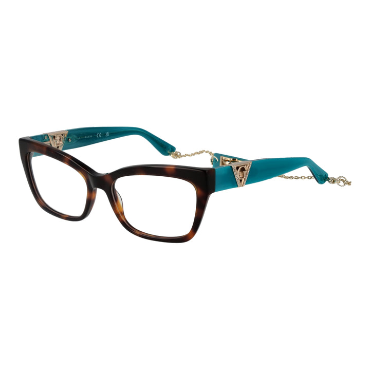 Tortoise brown and teal cat‑eye eyeglasses with gold chain and triangular logo accents on plastic frame