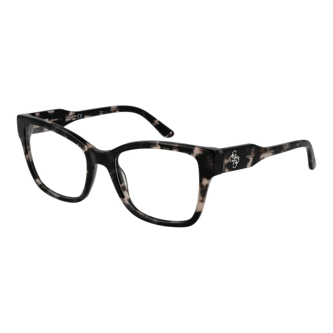 Black and beige tortoiseshell rectangular eyeglasses with thick plastic frame and logo on temple