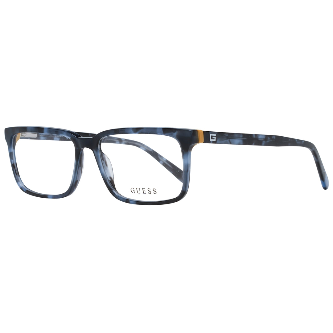 Unisex black and gray tortoiseshell full-rim rectangular eyeglasses with small yellow temple accent, logo on temple