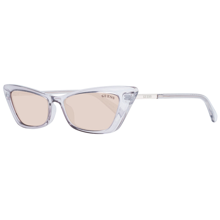 Transparent light purple cat-eye sunglasses with light pink lenses and logo on lens and temple
