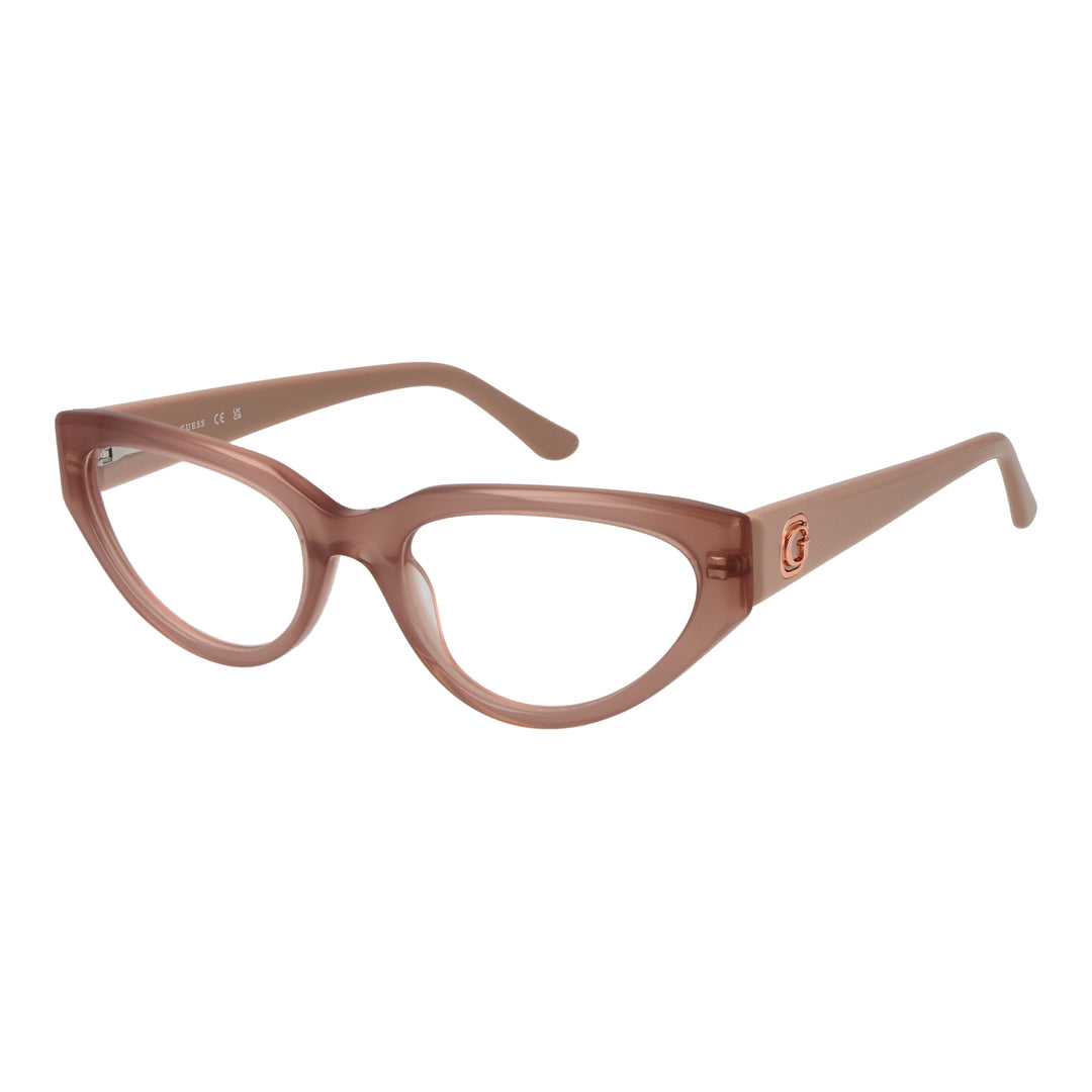 Transparent pink cat-eye eyeglasses in plastic with metal logo temples, retro silhouette for Women