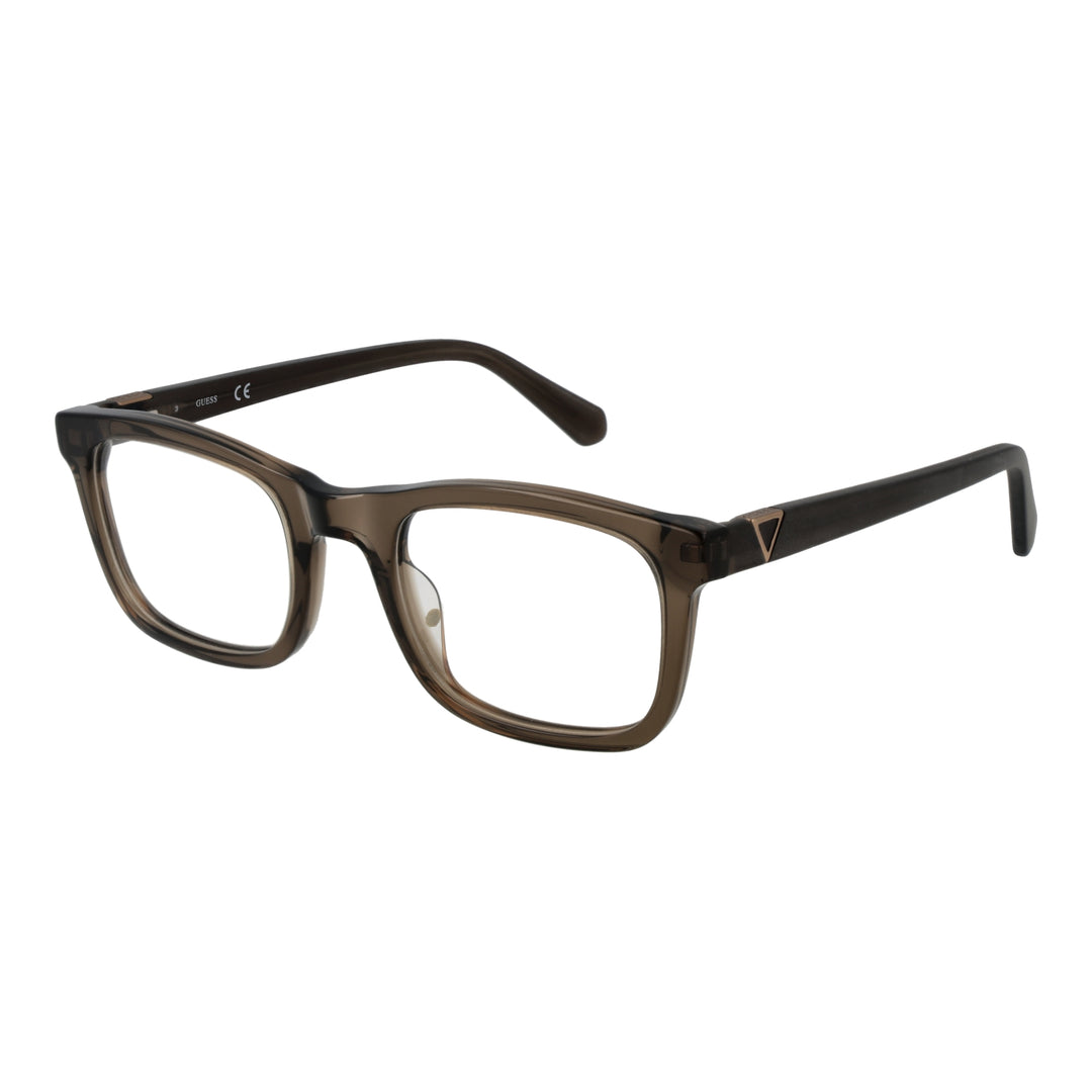 Transparent brown plastic rectangular eyeglasses with metal triangle detail on temples, Unisex modern style