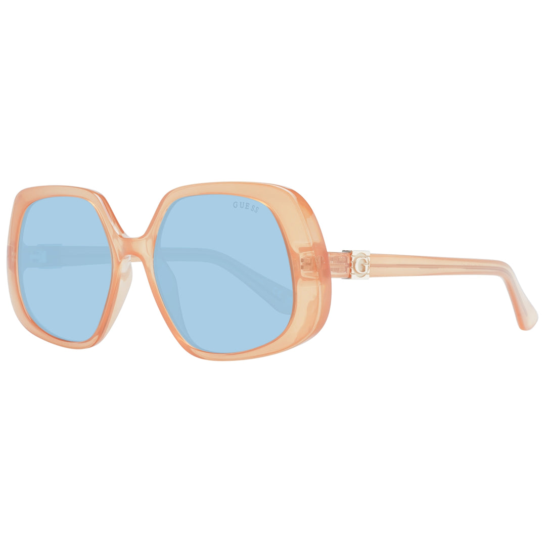 Transparent peach and blue square sunglasses on white background with metal 'G' temple detail and clear plastic frame