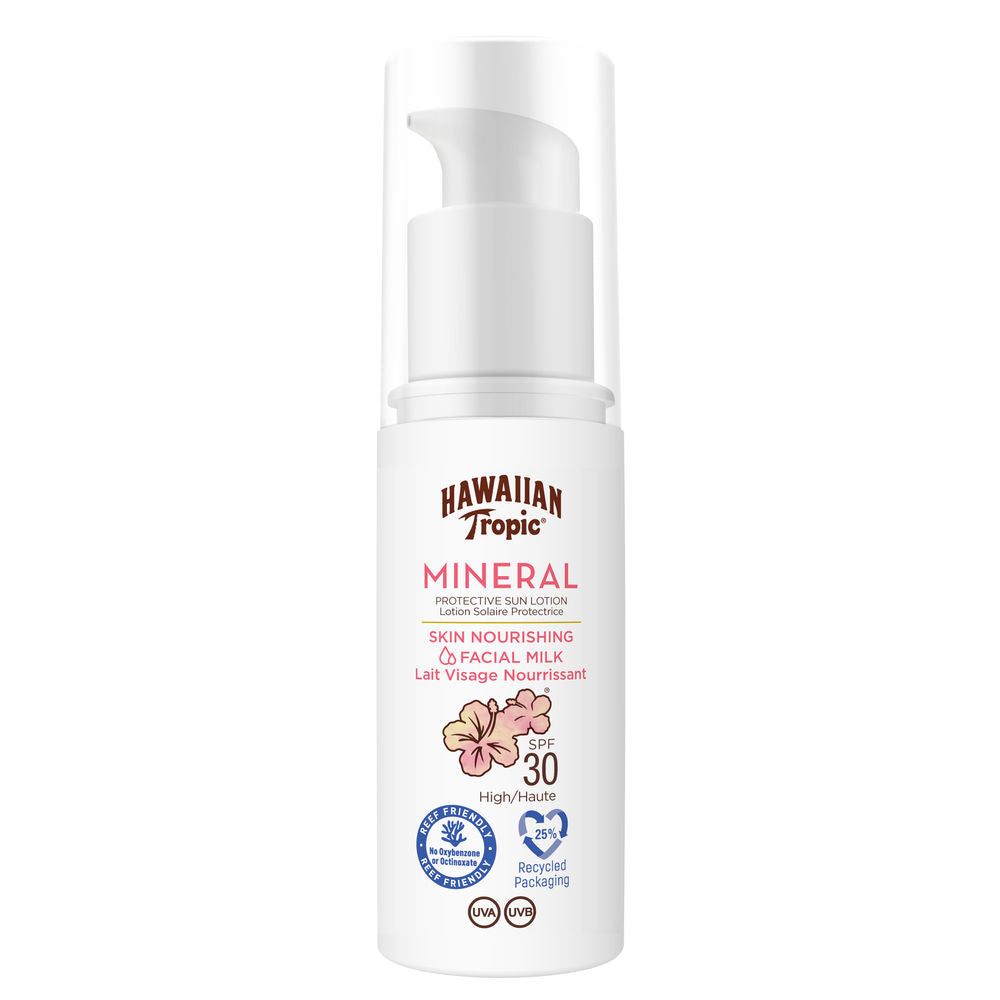 50 ml mineral SPF30 face lotion in lightweight pump, hydrating, water-resistant