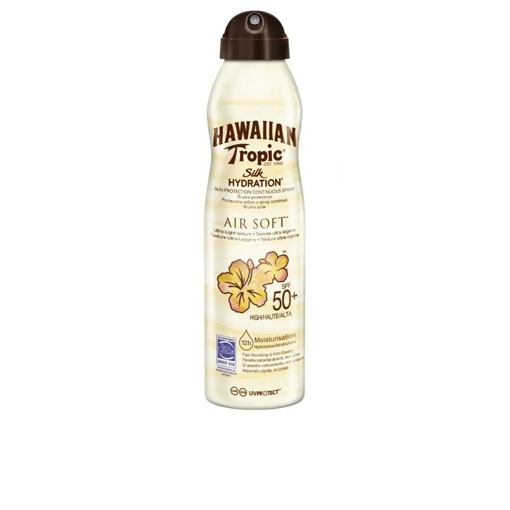 Matte aerosol bottle of lightweight SPF50 spray with botanical extract icons
