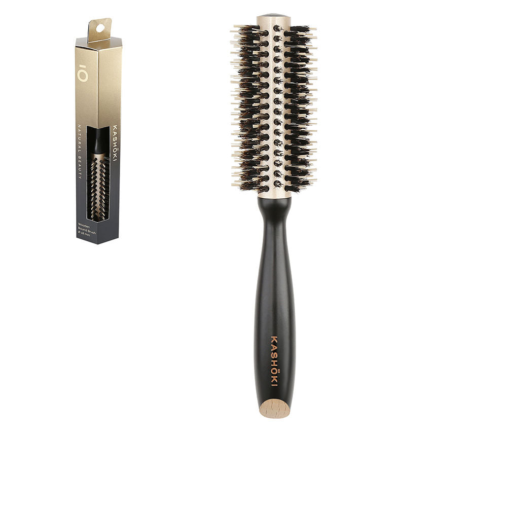 Wooden round hair brush with ceramic barrel and mixed boar‑nylon bristles