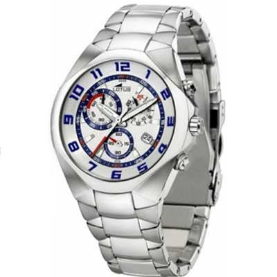 Silver metal chronograph wristwatch with white dial, blue and red accents, metal link bracelet