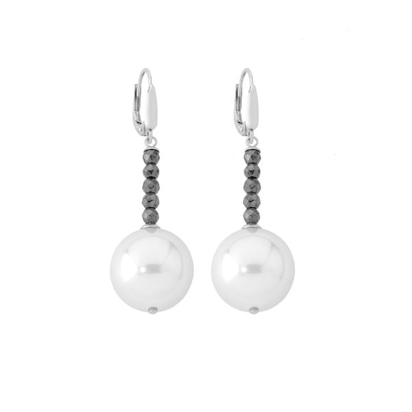 Cultured pearl drop earrings with faceted beads on silver leverback hooks, white and black tones