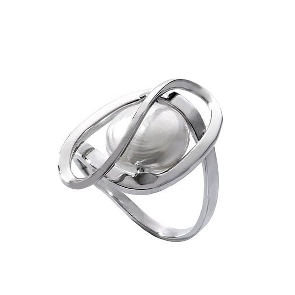 Silver ring with pearl-like center and open geometric metal frame on white background