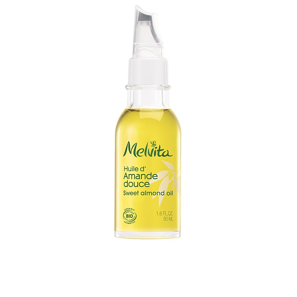 50 ml clear bottle of organic sweet almond oil with dropper, neutral label
