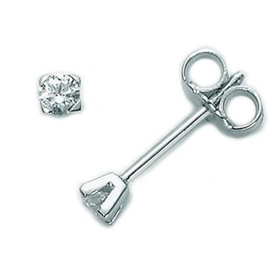 Pair of silver-toned stud earrings each with a single clear round gemstone on butterfly backs