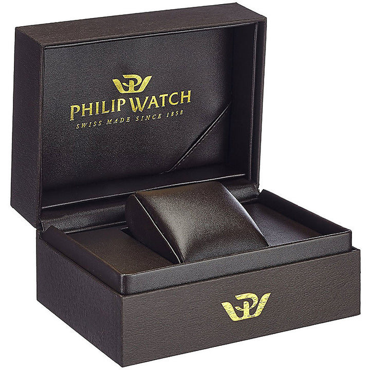 Silver and black stainless steel wrist watch on metal bracelet, classic analog dial and date window.