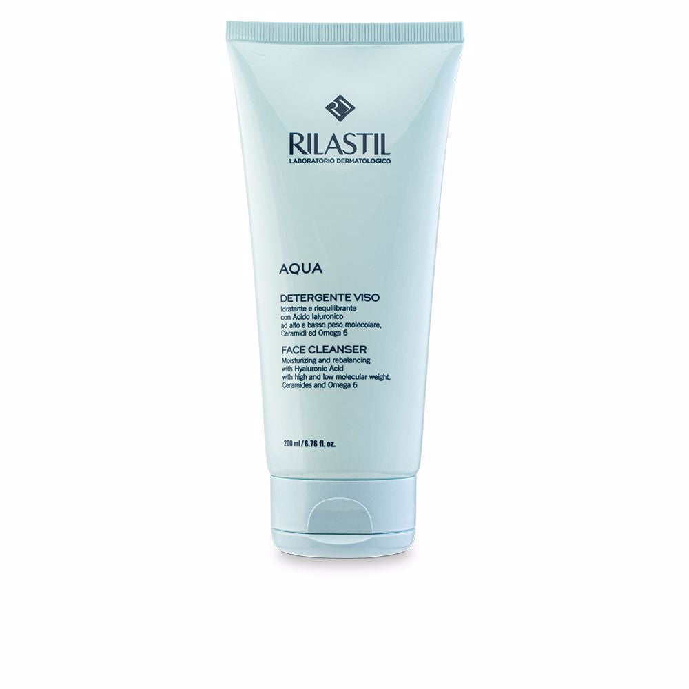 Rilastil Clear pump bottle of facial cleansing gel with minimalist label and transparent viscous formula