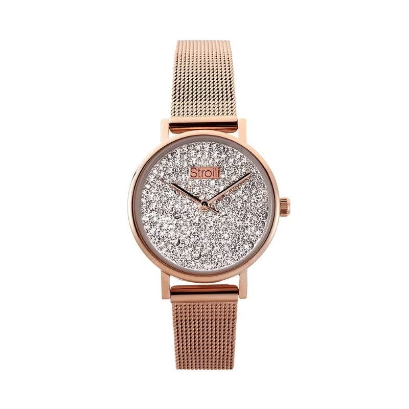 Rose gold dress watch with mesh strap and crystal-studded silver dial, minimalist three-hand display