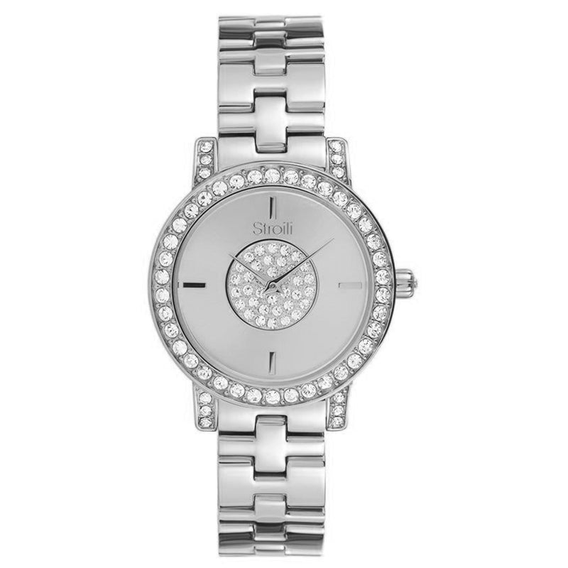 Silver stainless steel women's dress watch with crystal bezel and crystal-studded dial on metal link bracelet